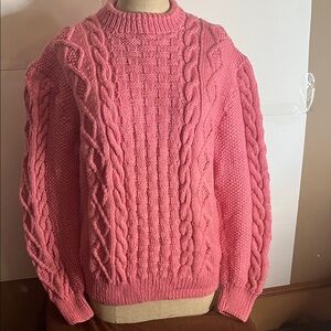 Vintage handknit blush pink cable and basket weave stitch